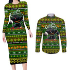 Personalized Panthers Rugby Xmas Couples Matching Long Sleeve Bodycon Dress and Long Sleeve Button Shirt Australia NRL Mascot