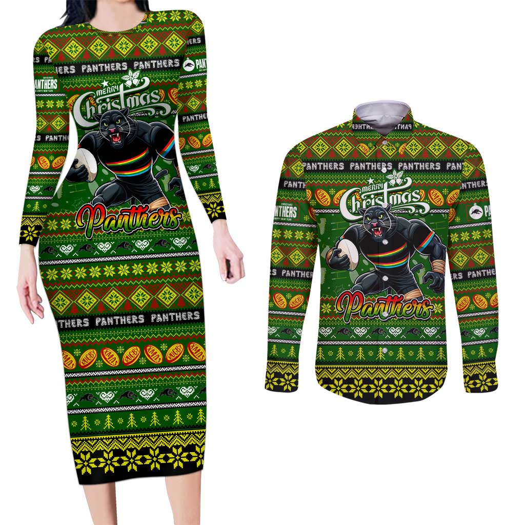 Personalized Panthers Rugby Xmas Couples Matching Long Sleeve Bodycon Dress and Long Sleeve Button Shirt Australia NRL Mascot