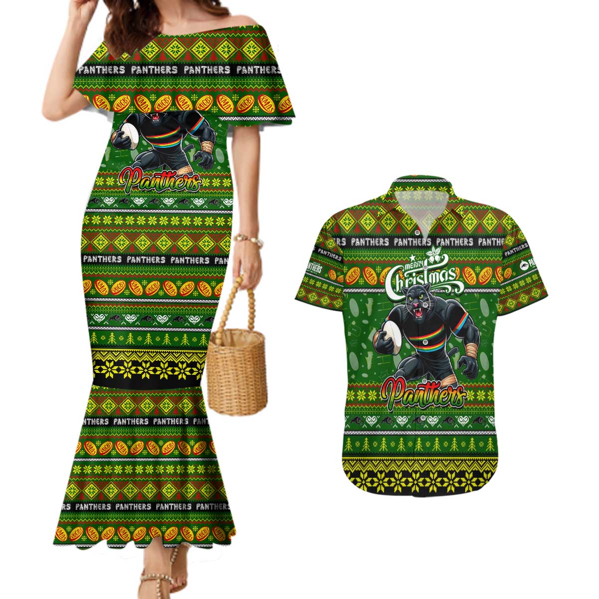 Personalized Panthers Rugby Xmas Couples Matching Mermaid Dress and Hawaiian Shirt Australia NRL Mascot