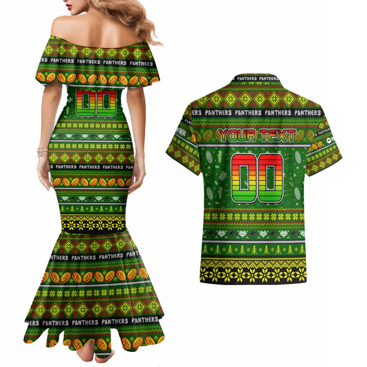 Personalized Panthers Rugby Xmas Couples Matching Mermaid Dress and Hawaiian Shirt Australia NRL Mascot
