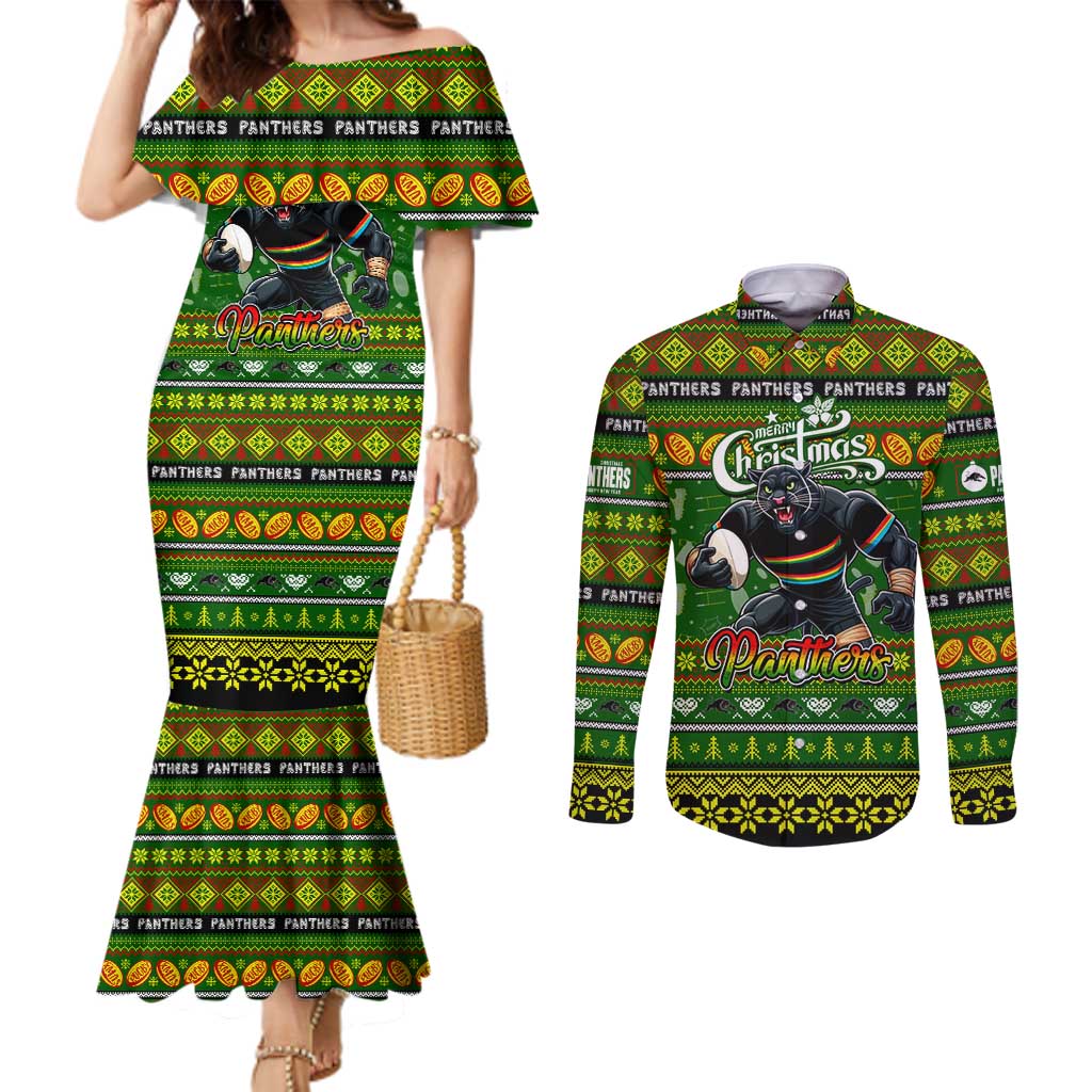 Personalized Panthers Rugby Xmas Couples Matching Mermaid Dress and Long Sleeve Button Shirt Australia NRL Mascot