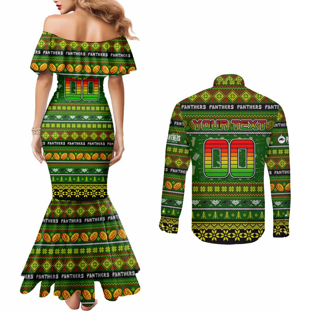 Personalized Panthers Rugby Xmas Couples Matching Mermaid Dress and Long Sleeve Button Shirt Australia NRL Mascot