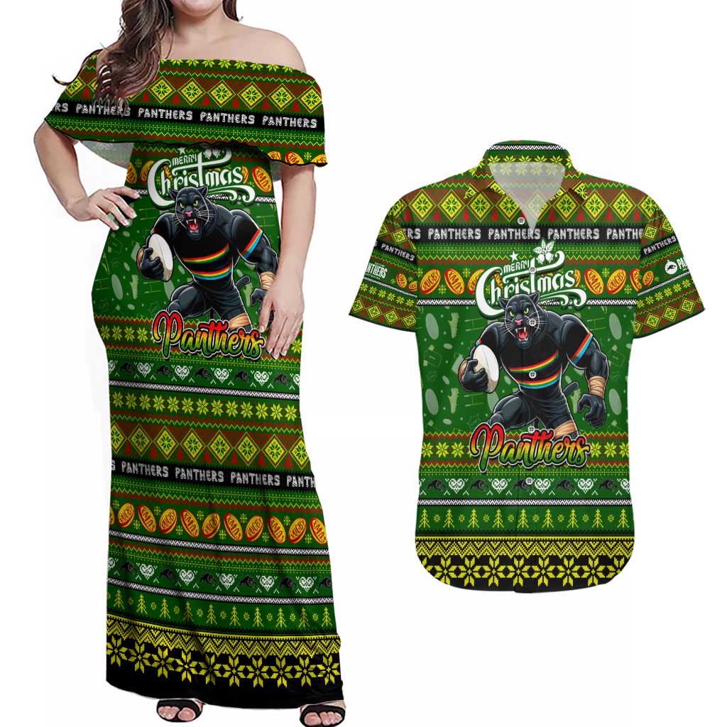 Personalized Panthers Rugby Xmas Couples Matching Off Shoulder Maxi Dress and Hawaiian Shirt Australia NRL Mascot