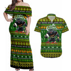 Personalized Panthers Rugby Xmas Couples Matching Off Shoulder Maxi Dress and Hawaiian Shirt Australia NRL Mascot
