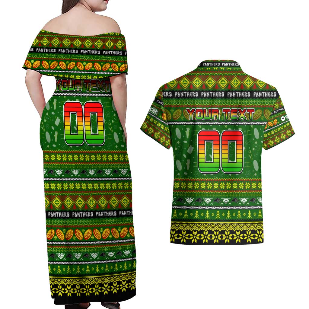Personalized Panthers Rugby Xmas Couples Matching Off Shoulder Maxi Dress and Hawaiian Shirt Australia NRL Mascot