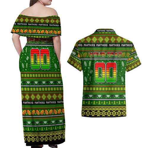 Personalized Panthers Rugby Xmas Couples Matching Off Shoulder Maxi Dress and Hawaiian Shirt Australia NRL Mascot