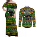 Personalized Panthers Rugby Xmas Couples Matching Off Shoulder Maxi Dress and Long Sleeve Button Shirt Australia NRL Mascot