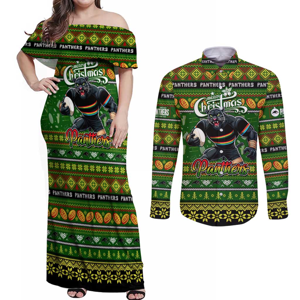 Personalized Panthers Rugby Xmas Couples Matching Off Shoulder Maxi Dress and Long Sleeve Button Shirt Australia NRL Mascot