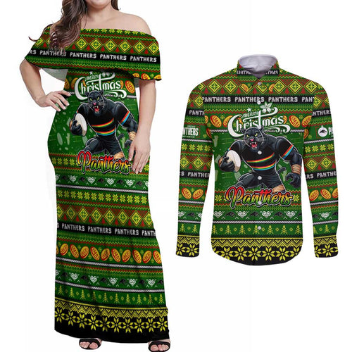 Personalized Panthers Rugby Xmas Couples Matching Off Shoulder Maxi Dress and Long Sleeve Button Shirt Australia NRL Mascot
