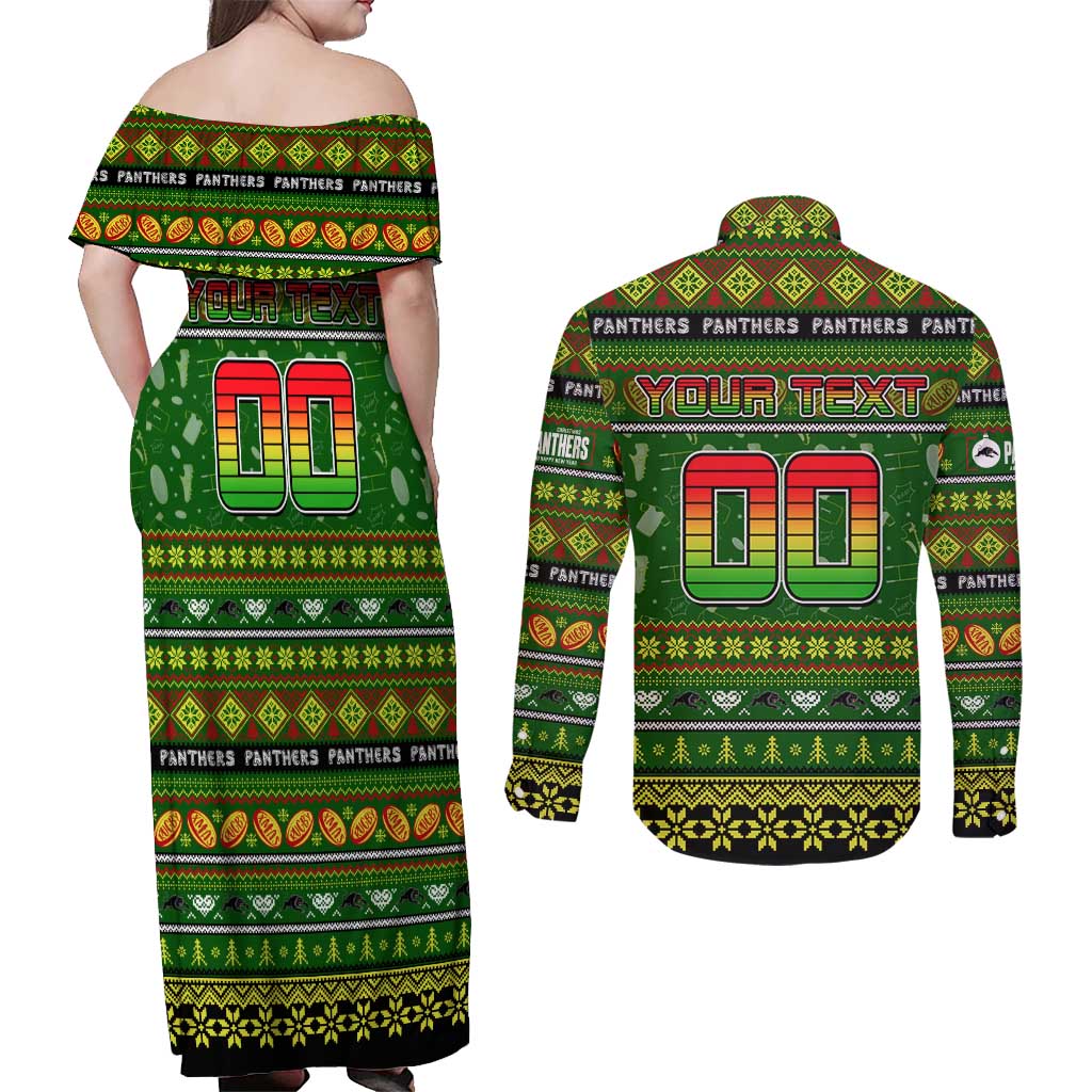Personalized Panthers Rugby Xmas Couples Matching Off Shoulder Maxi Dress and Long Sleeve Button Shirt Australia NRL Mascot