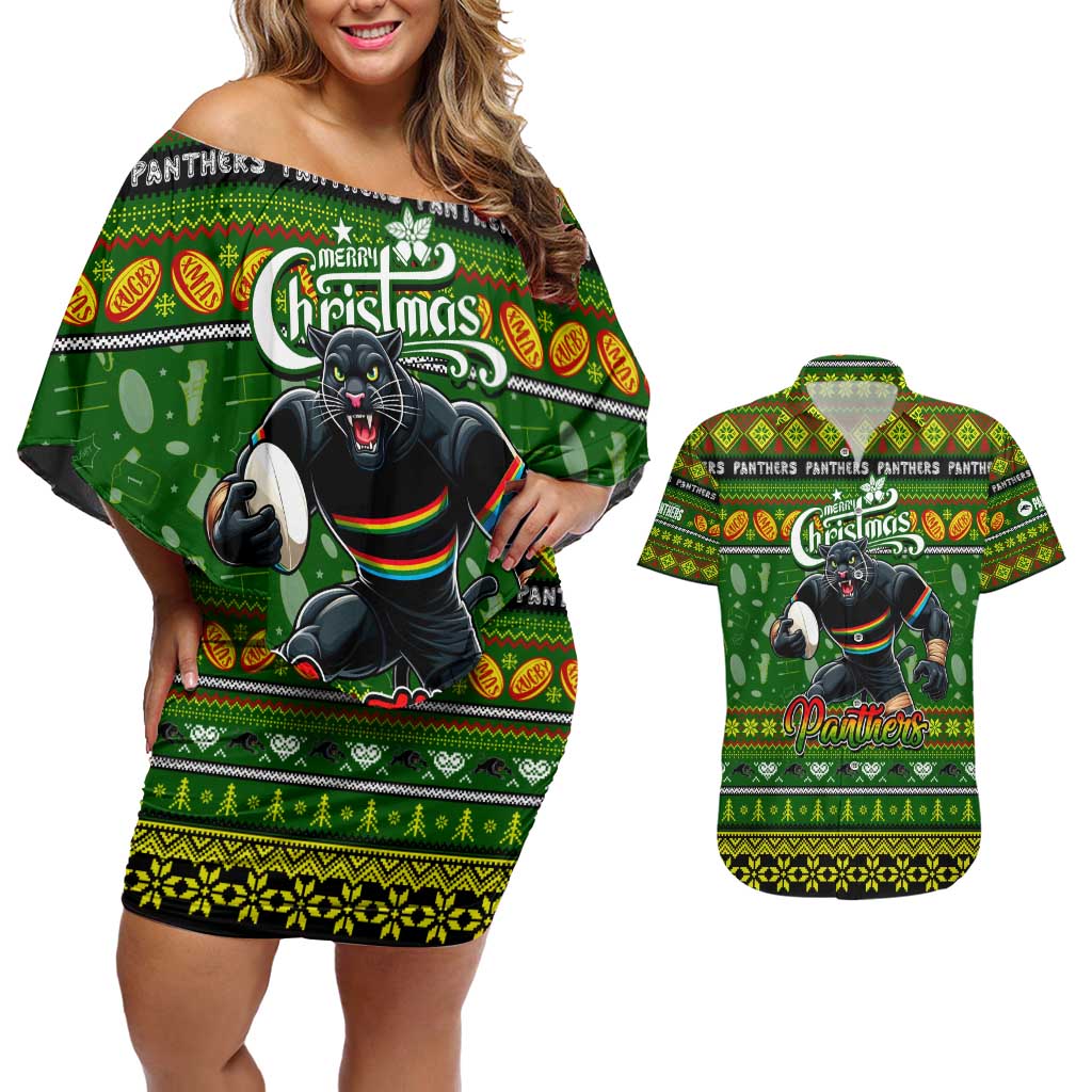 Personalized Panthers Rugby Xmas Couples Matching Off Shoulder Short Dress and Hawaiian Shirt Australia NRL Mascot