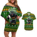 Personalized Panthers Rugby Xmas Couples Matching Off Shoulder Short Dress and Hawaiian Shirt Australia NRL Mascot