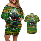 Personalized Panthers Rugby Xmas Couples Matching Off Shoulder Short Dress and Hawaiian Shirt Australia NRL Mascot
