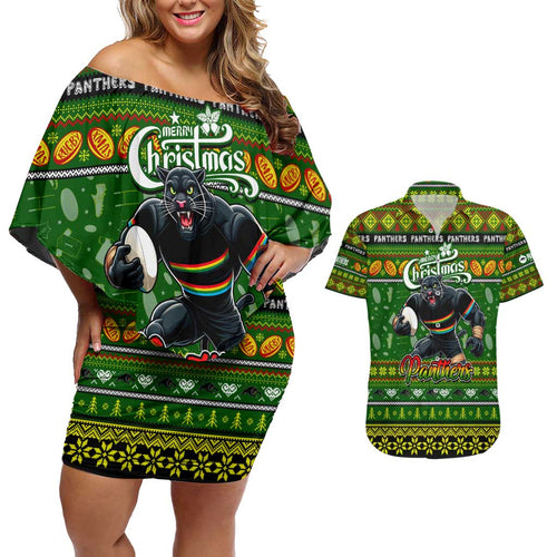 Personalized Panthers Rugby Xmas Couples Matching Off Shoulder Short Dress and Hawaiian Shirt Australia NRL Mascot