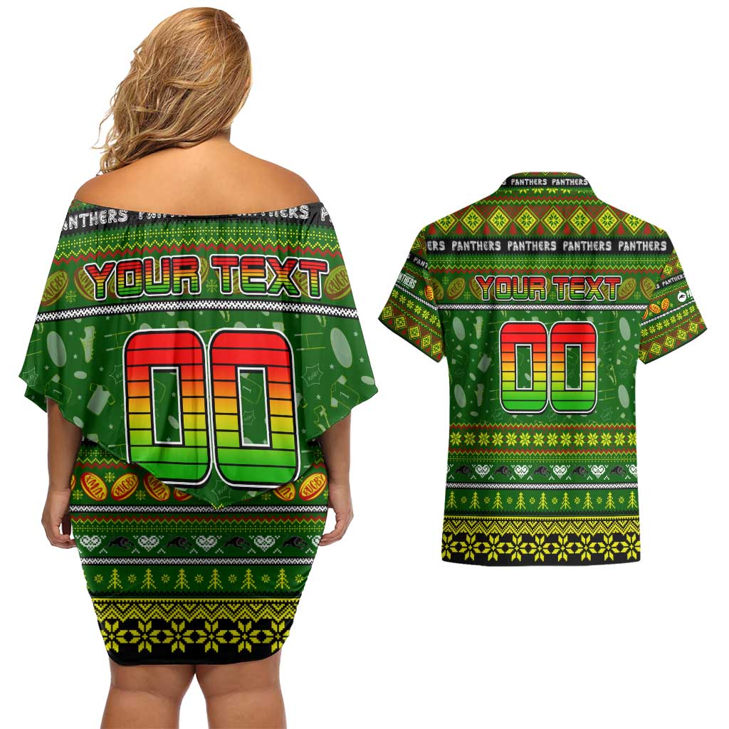Personalized Panthers Rugby Xmas Couples Matching Off Shoulder Short Dress and Hawaiian Shirt Australia NRL Mascot