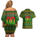 Personalized Panthers Rugby Xmas Couples Matching Off Shoulder Short Dress and Hawaiian Shirt Australia NRL Mascot