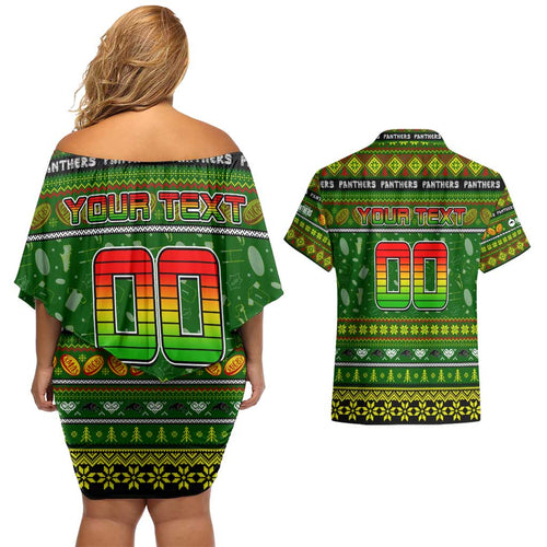 Personalized Panthers Rugby Xmas Couples Matching Off Shoulder Short Dress and Hawaiian Shirt Australia NRL Mascot