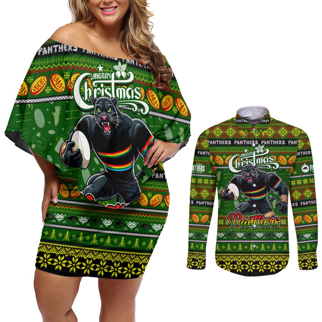 Personalized Panthers Rugby Xmas Couples Matching Off Shoulder Short Dress and Long Sleeve Button Shirt Australia NRL Mascot