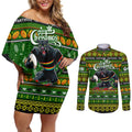 Personalized Panthers Rugby Xmas Couples Matching Off Shoulder Short Dress and Long Sleeve Button Shirt Australia NRL Mascot