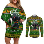 Personalized Panthers Rugby Xmas Couples Matching Off Shoulder Short Dress and Long Sleeve Button Shirt Australia NRL Mascot