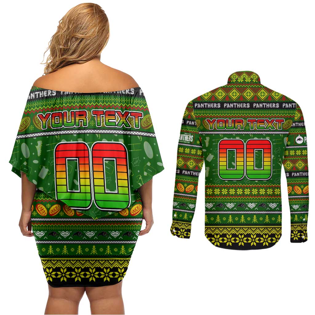 Personalized Panthers Rugby Xmas Couples Matching Off Shoulder Short Dress and Long Sleeve Button Shirt Australia NRL Mascot