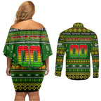 Personalized Panthers Rugby Xmas Couples Matching Off Shoulder Short Dress and Long Sleeve Button Shirt Australia NRL Mascot