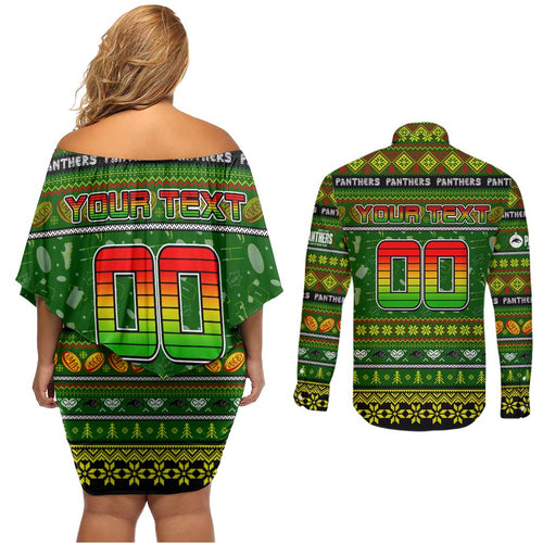 Personalized Panthers Rugby Xmas Couples Matching Off Shoulder Short Dress and Long Sleeve Button Shirt Australia NRL Mascot