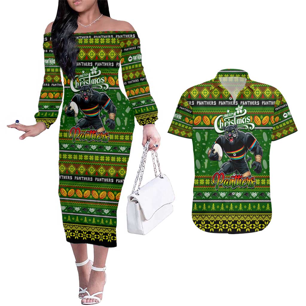 Personalized Panthers Rugby Xmas Couples Matching Off The Shoulder Long Sleeve Dress and Hawaiian Shirt Australia NRL Mascot