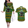 Personalized Panthers Rugby Xmas Couples Matching Off The Shoulder Long Sleeve Dress and Hawaiian Shirt Australia NRL Mascot