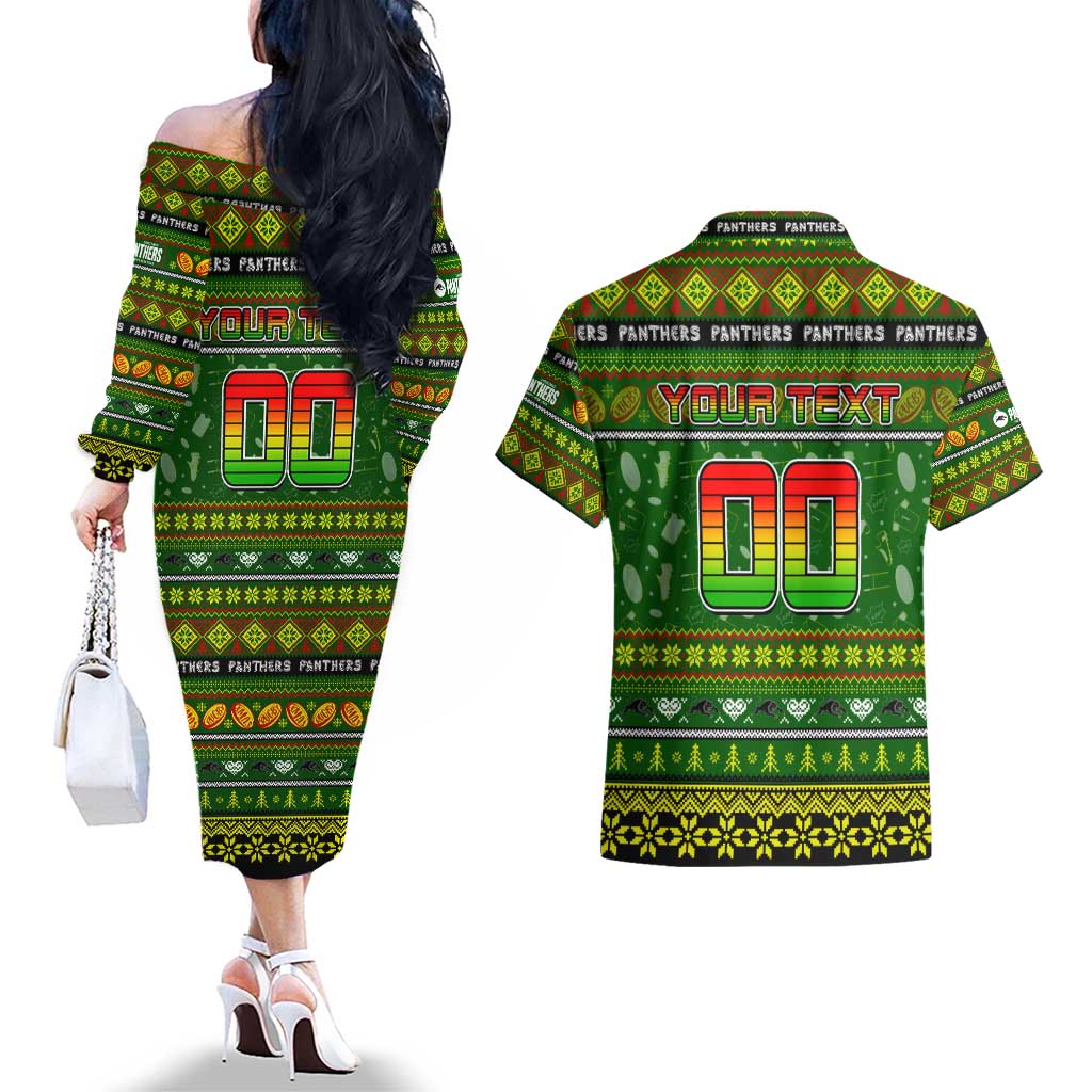 Personalized Panthers Rugby Xmas Couples Matching Off The Shoulder Long Sleeve Dress and Hawaiian Shirt Australia NRL Mascot