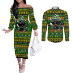 Personalized Panthers Rugby Xmas Couples Matching Off The Shoulder Long Sleeve Dress and Long Sleeve Button Shirt Australia NRL Mascot