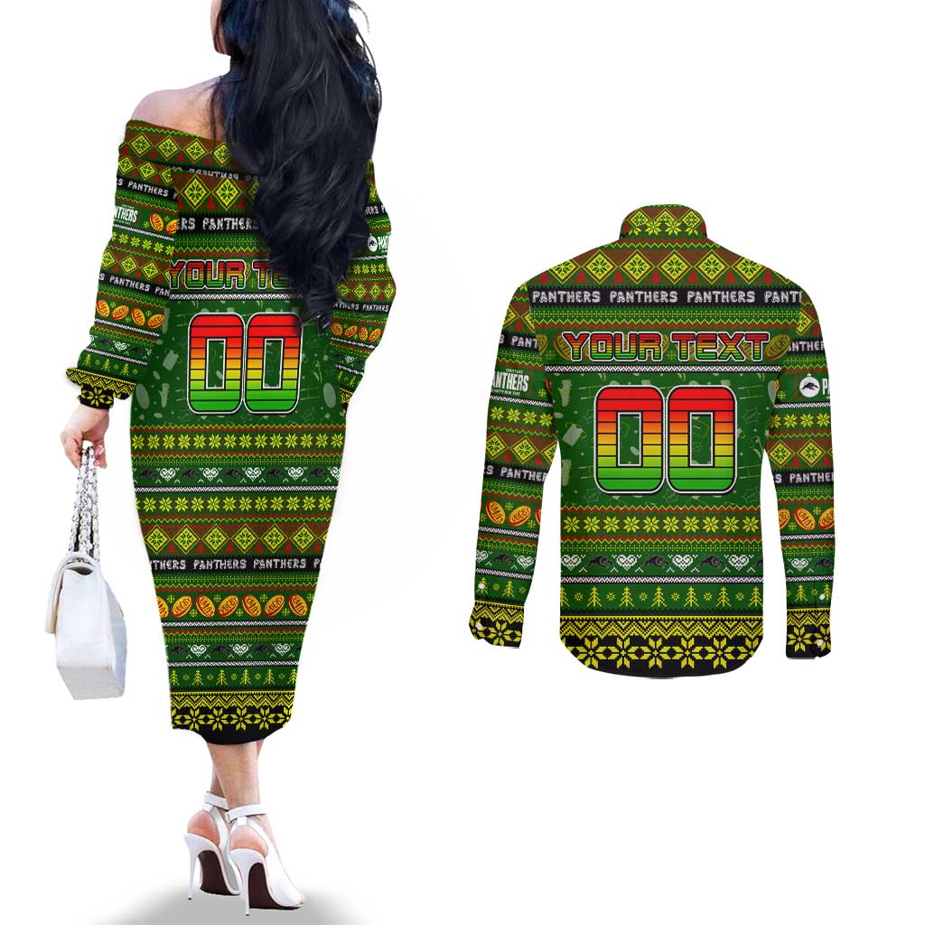 Personalized Panthers Rugby Xmas Couples Matching Off The Shoulder Long Sleeve Dress and Long Sleeve Button Shirt Australia NRL Mascot