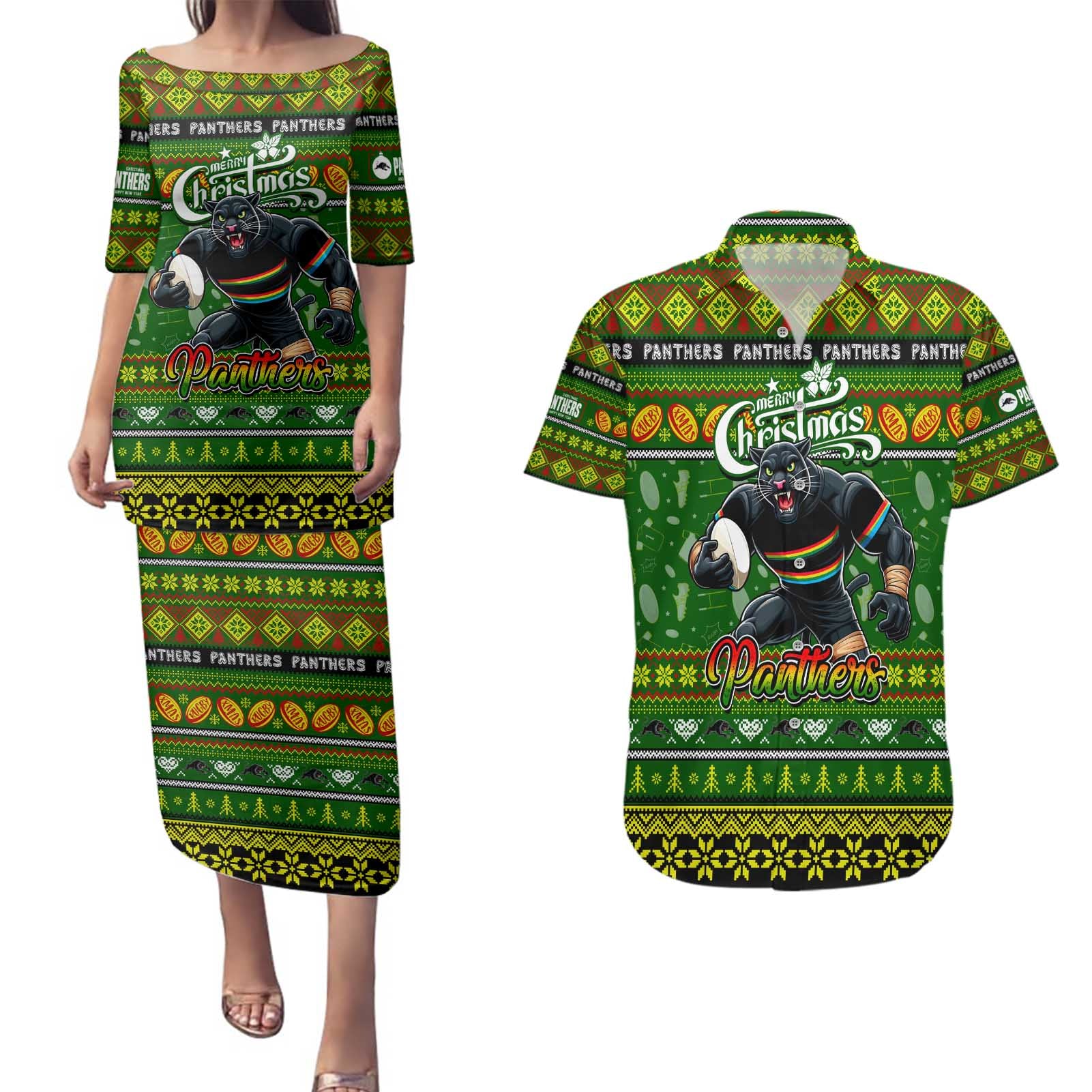 Personalized Panthers Rugby Xmas Couples Matching Puletasi and Hawaiian Shirt Australia NRL Mascot