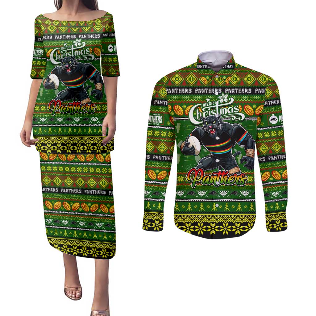 Personalized Panthers Rugby Xmas Couples Matching Puletasi and Long Sleeve Button Shirt Australia NRL Mascot