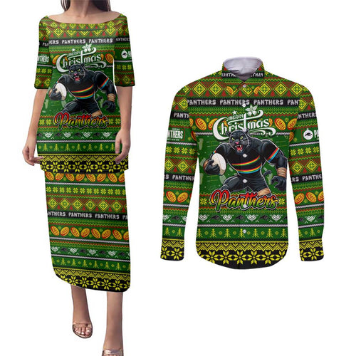 Personalized Panthers Rugby Xmas Couples Matching Puletasi and Long Sleeve Button Shirt Australia NRL Mascot