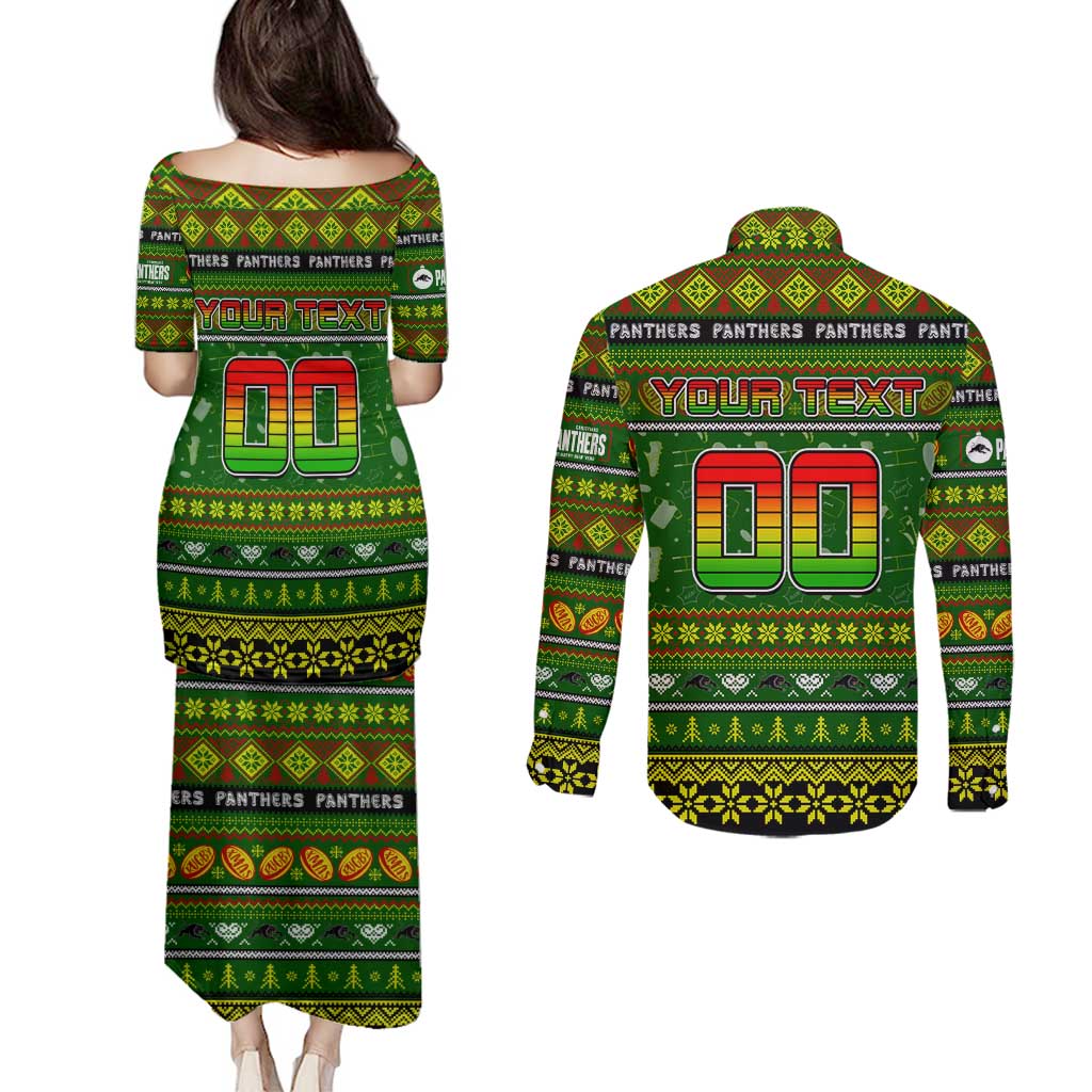 Personalized Panthers Rugby Xmas Couples Matching Puletasi and Long Sleeve Button Shirt Australia NRL Mascot