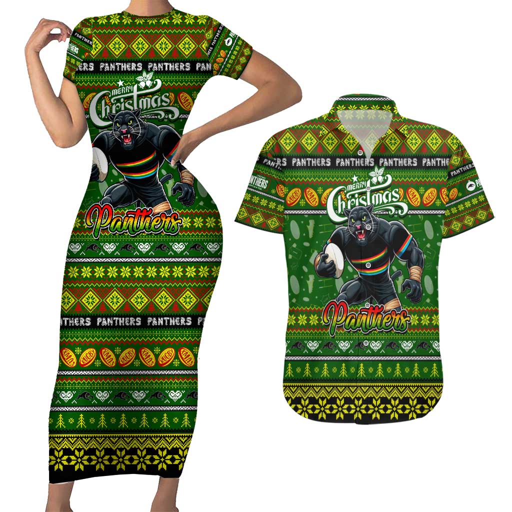 Personalized Panthers Rugby Xmas Couples Matching Short Sleeve Bodycon Dress and Hawaiian Shirt Australia NRL Mascot