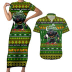 Personalized Panthers Rugby Xmas Couples Matching Short Sleeve Bodycon Dress and Hawaiian Shirt Australia NRL Mascot