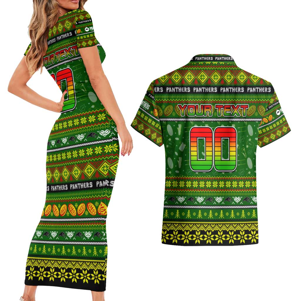 Personalized Panthers Rugby Xmas Couples Matching Short Sleeve Bodycon Dress and Hawaiian Shirt Australia NRL Mascot
