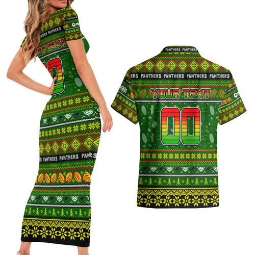 Personalized Panthers Rugby Xmas Couples Matching Short Sleeve Bodycon Dress and Hawaiian Shirt Australia NRL Mascot