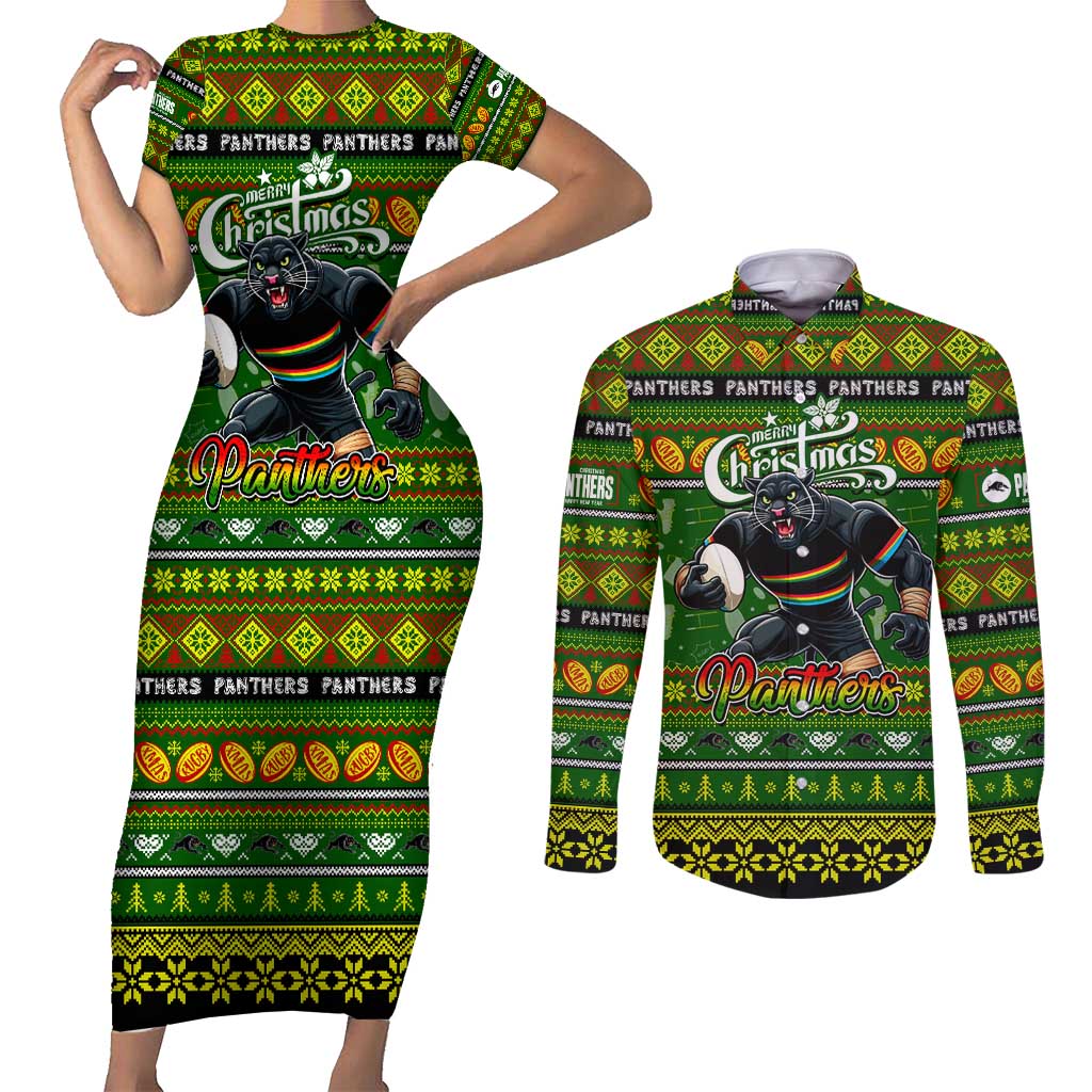 Personalized Panthers Rugby Xmas Couples Matching Short Sleeve Bodycon Dress and Long Sleeve Button Shirt Australia NRL Mascot