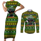 Personalized Panthers Rugby Xmas Couples Matching Short Sleeve Bodycon Dress and Long Sleeve Button Shirt Australia NRL Mascot
