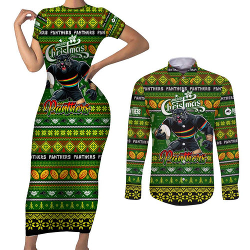 Personalized Panthers Rugby Xmas Couples Matching Short Sleeve Bodycon Dress and Long Sleeve Button Shirt Australia NRL Mascot