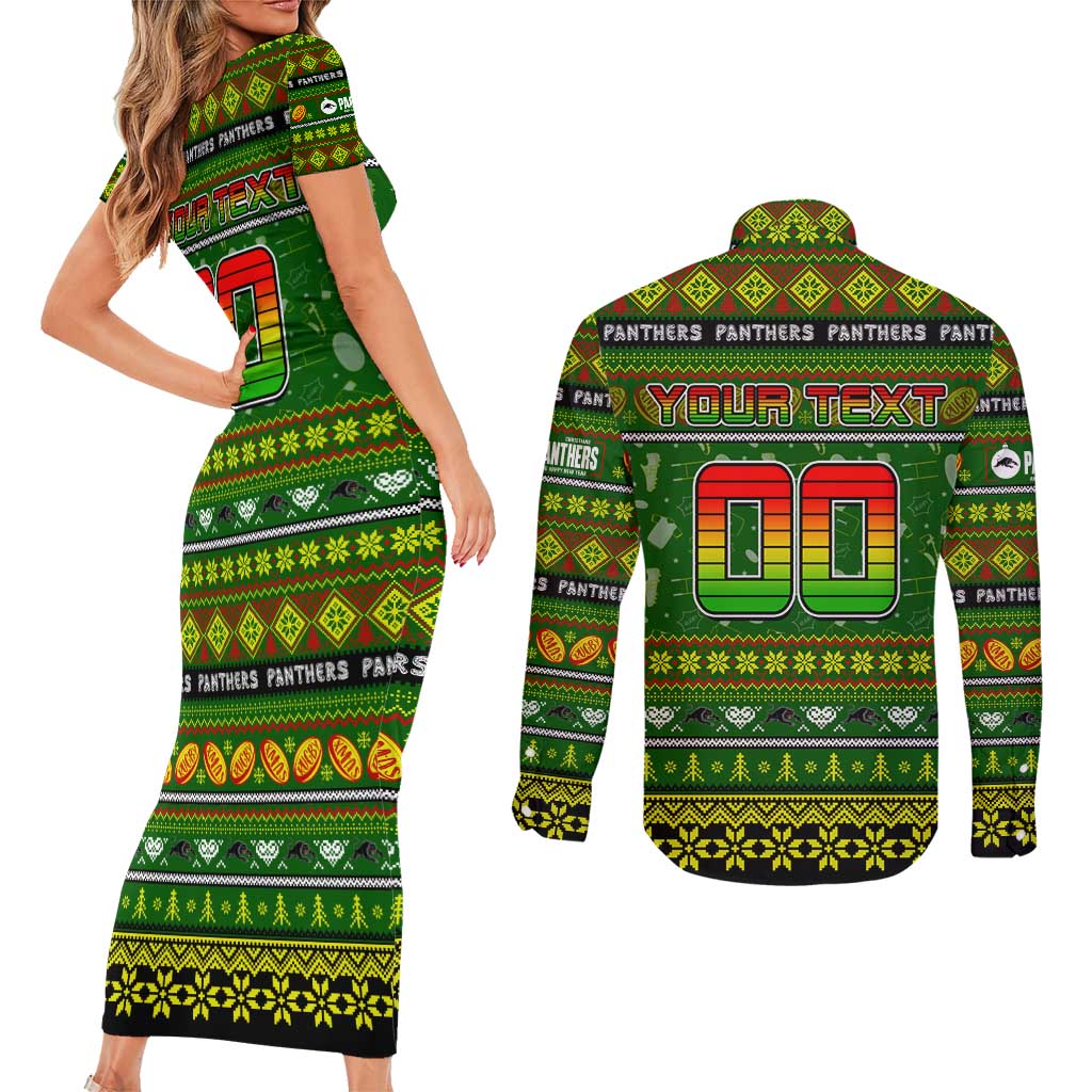 Personalized Panthers Rugby Xmas Couples Matching Short Sleeve Bodycon Dress and Long Sleeve Button Shirt Australia NRL Mascot