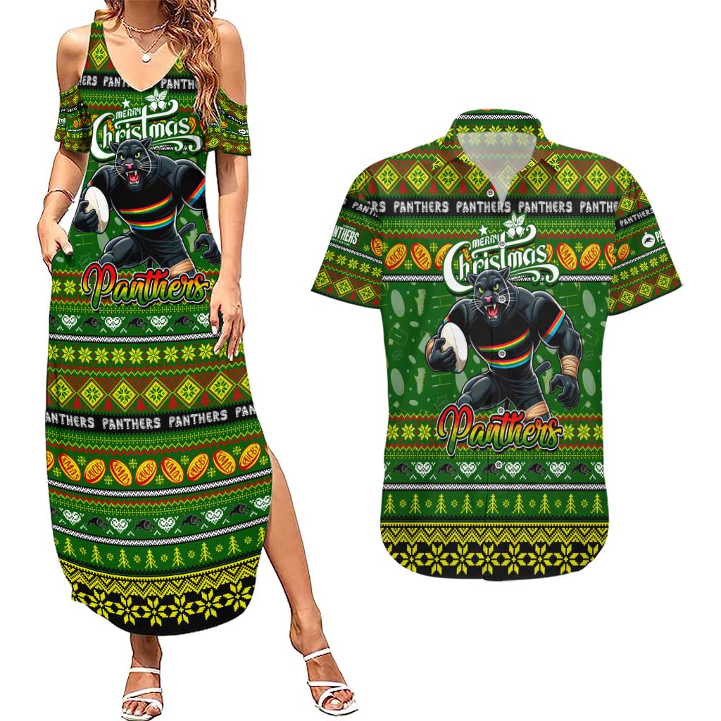 Personalized Panthers Rugby Xmas Couples Matching Summer Maxi Dress and Hawaiian Shirt Australia NRL Mascot