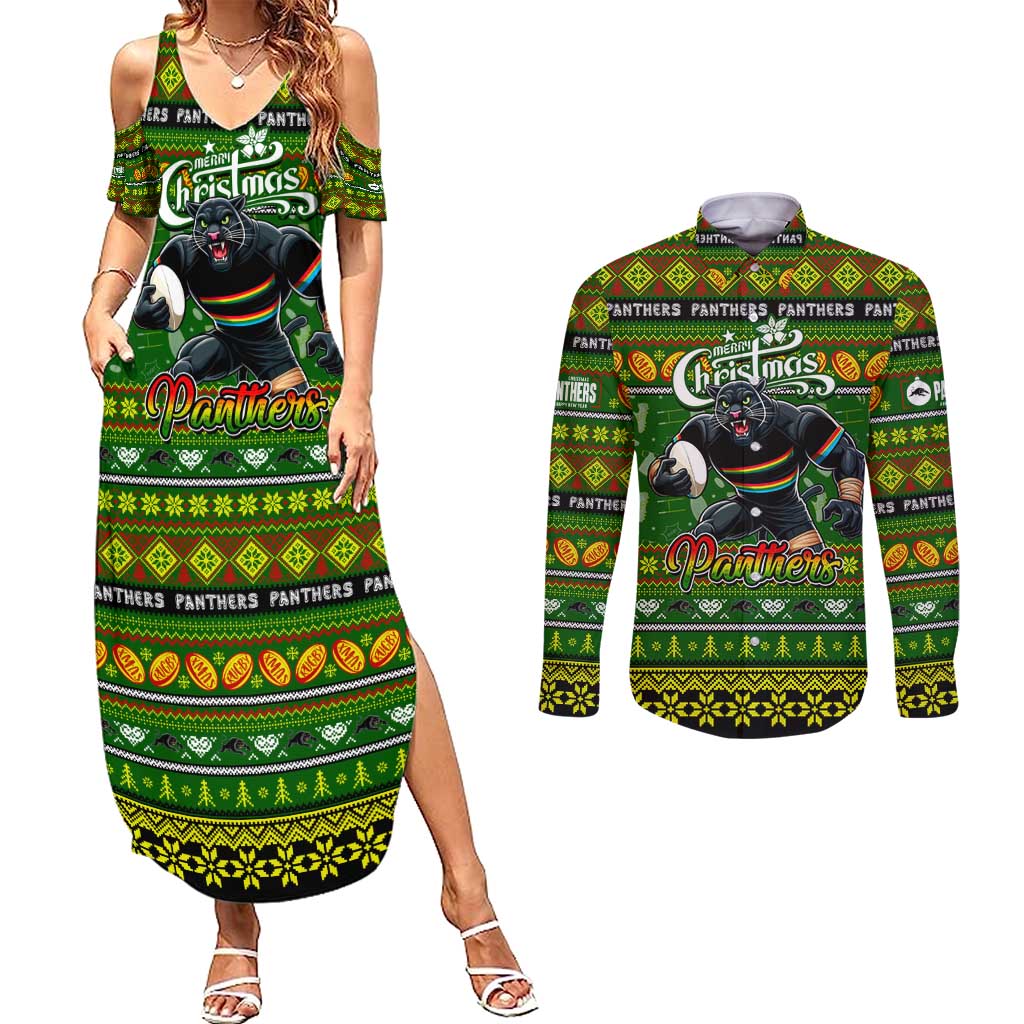 Personalized Panthers Rugby Xmas Couples Matching Summer Maxi Dress and Long Sleeve Button Shirt Australia NRL Mascot