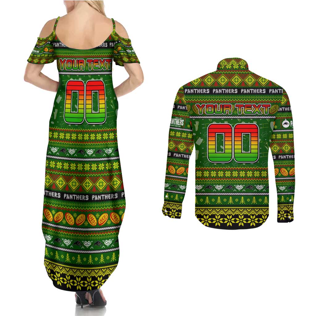 Personalized Panthers Rugby Xmas Couples Matching Summer Maxi Dress and Long Sleeve Button Shirt Australia NRL Mascot