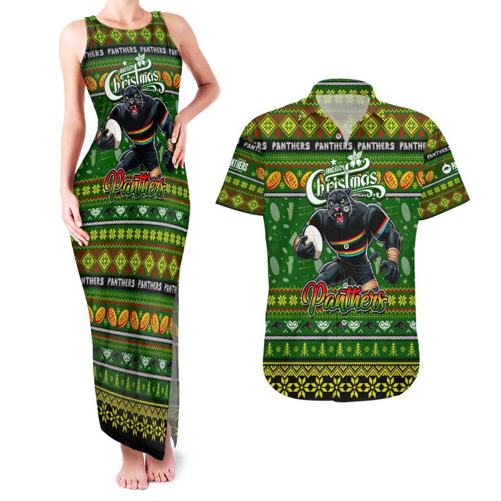 Personalized Panthers Rugby Xmas Couples Matching Tank Maxi Dress and Hawaiian Shirt Australia NRL Mascot