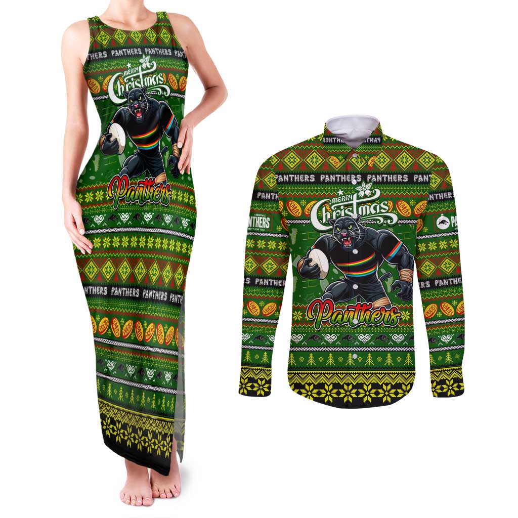 Personalized Panthers Rugby Xmas Couples Matching Tank Maxi Dress and Long Sleeve Button Shirt Australia NRL Mascot