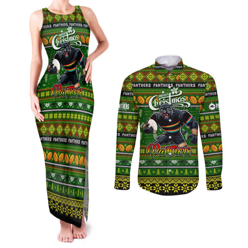 Personalized Panthers Rugby Xmas Couples Matching Tank Maxi Dress and Long Sleeve Button Shirt Australia NRL Mascot